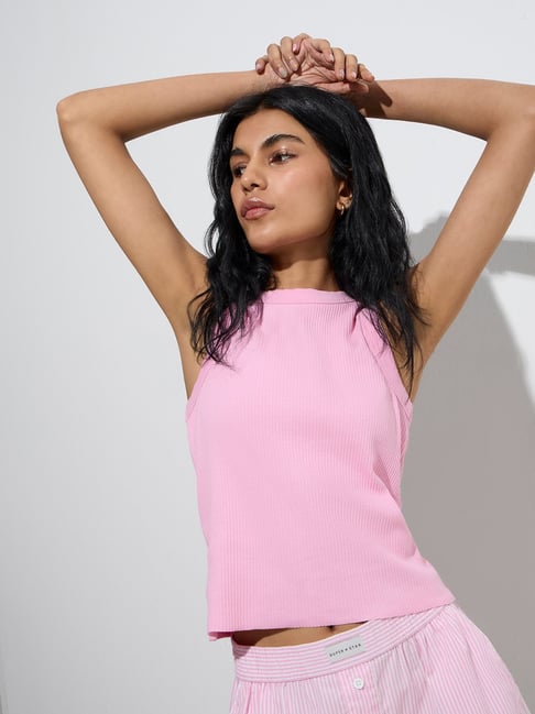 Superstar by Westside Pink Ribbed-Textured Cotton-Blend Tank Top-picture-42