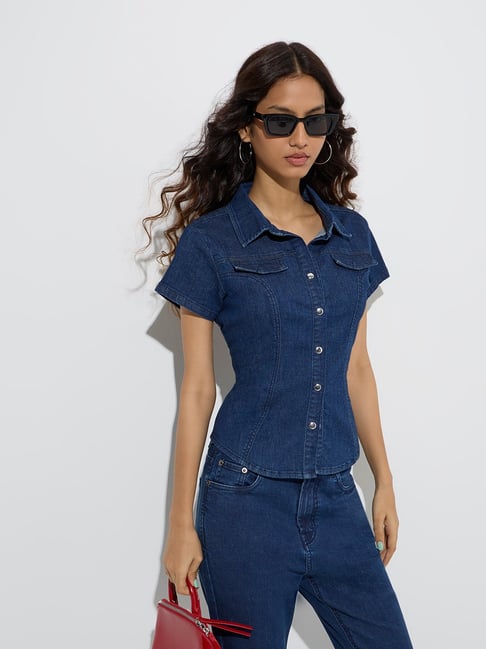 Nuon by Westside Dark Blue Cotton-Blend Denim Shirt