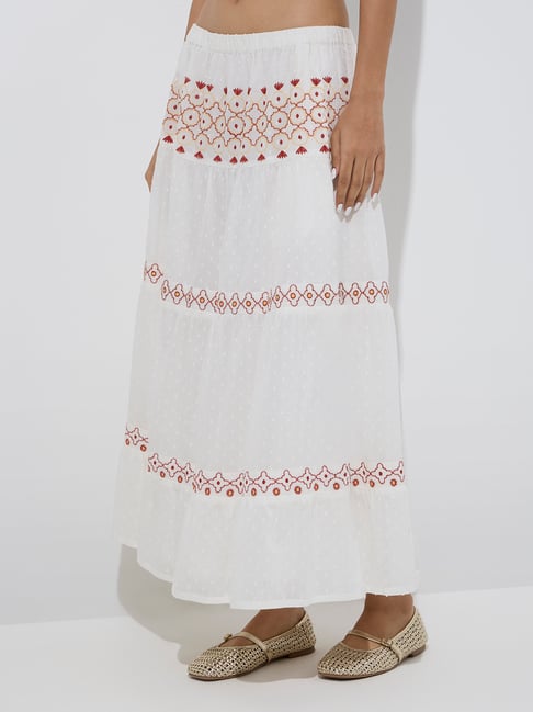 Bombay Paisley by Westside White Embroidered Cotton Tiered Skirt