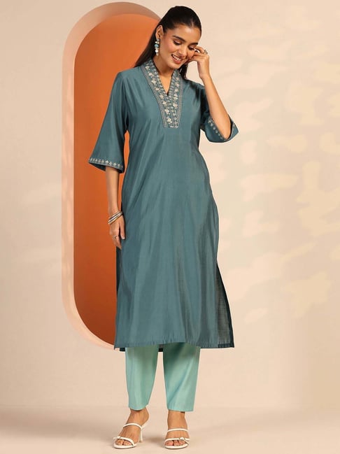Libas Blue Straight Fit Embroidered Kurta-picture-19