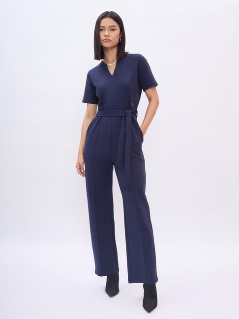 Elle Blue Polyester Solid Short Sleeves Jumpsuit