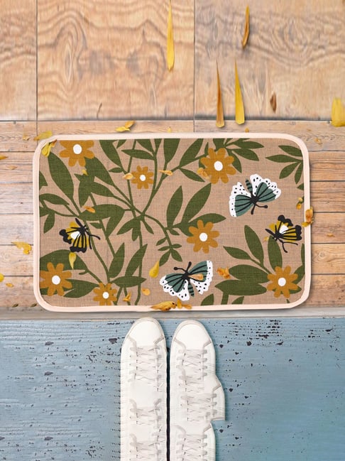 Saral Home Yellow Jute Floral Anti-Skid Doormats - Set of 3