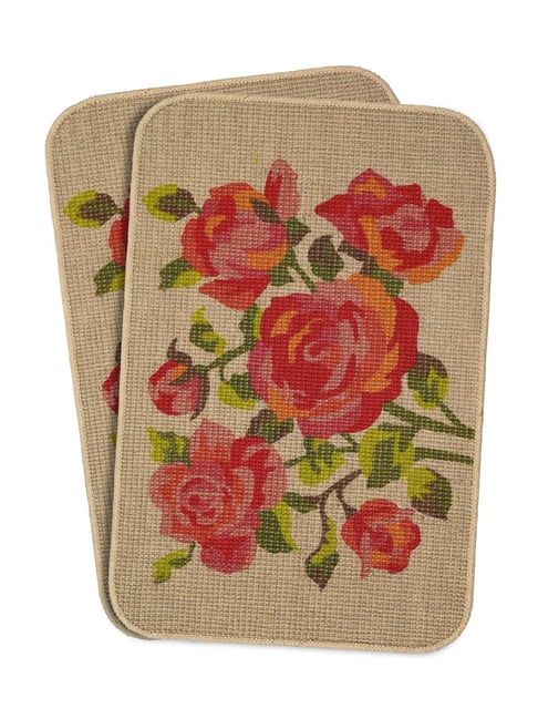 Saral Home Red Jute Floral Anti-Skid Doormats - Set of 2