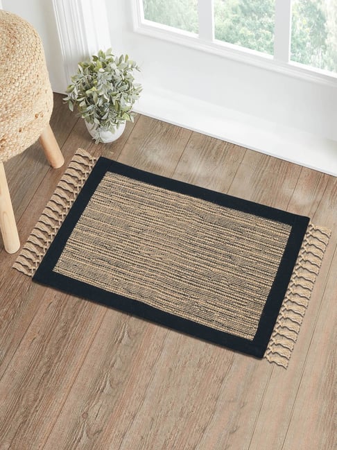 Saral Home Black Jute & Cotton Anti-Slip Doormat with Fringe