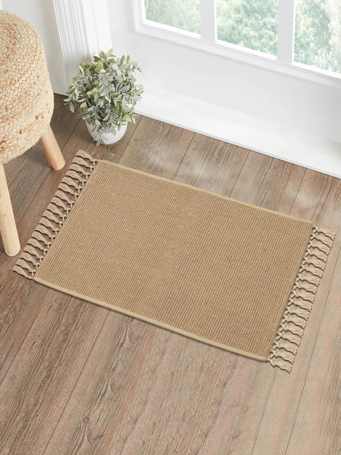 Saral Home Beige Jute & Cotton Anti-Slip Doormat with Fringe
