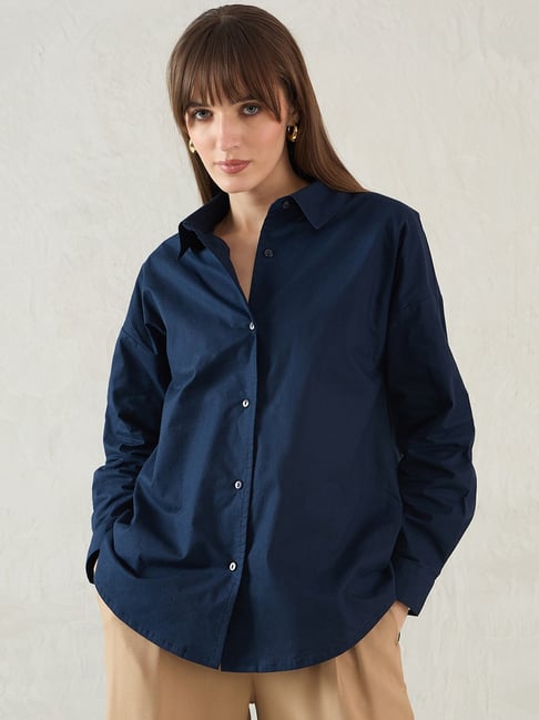 FEMMELLA Navy Blue Relaxed Fit Solid Casual Shirt-picture-35