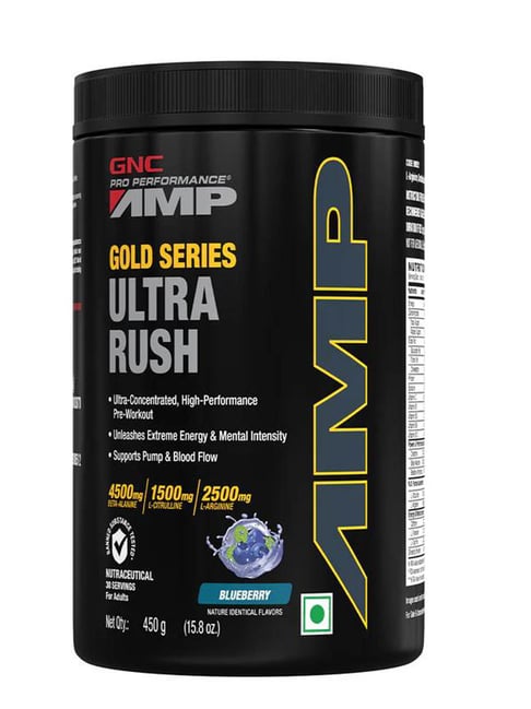 GNC AMP Gold Series Ultra Rush | Maximum Energy & Stamina| Powerful Muscle Pump - 450 gm Blueberry