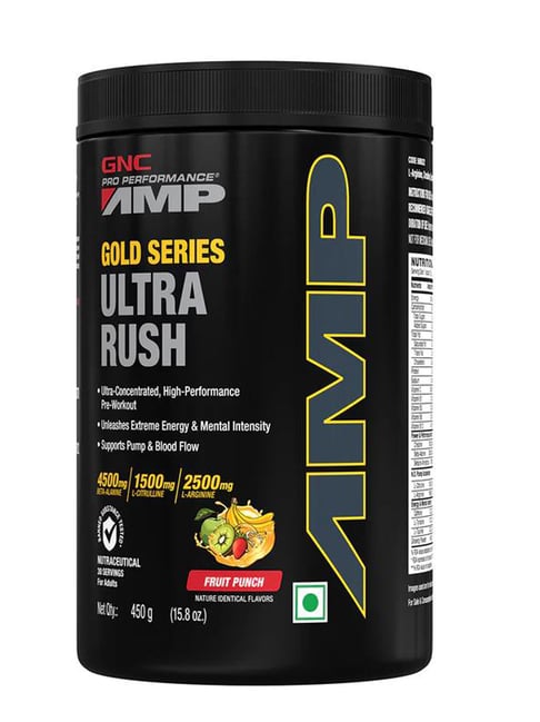 GNC AMP Gold Series Ultra Rush | Maximum Energy & Stamina Powerful Muscle Pump - 450 gm Fruit Punch