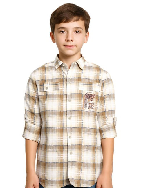 Cavio Boys Khaki Cotton Chequered Comfort Fit Shirt-picture-25