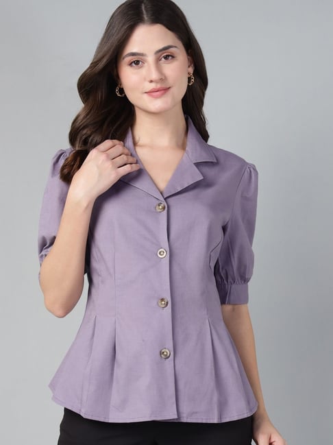 chinese dress ladies Women Purple Solids Pure Cotton Slim Fit Formal Shirt