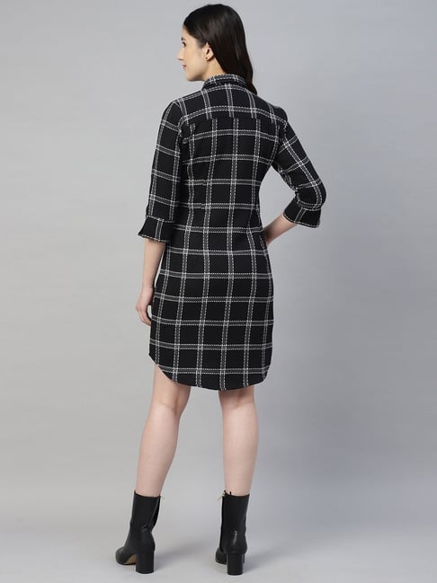 English Navy Black Cotton Checked Shirt Dress