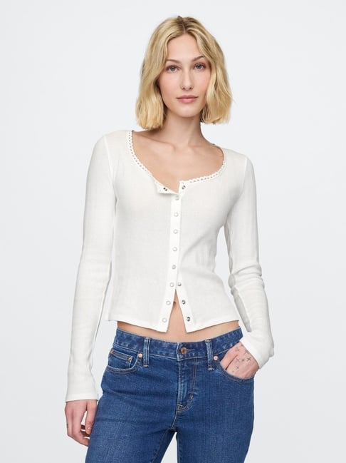 GAP Off White Solid Long Sleeves Textured Top