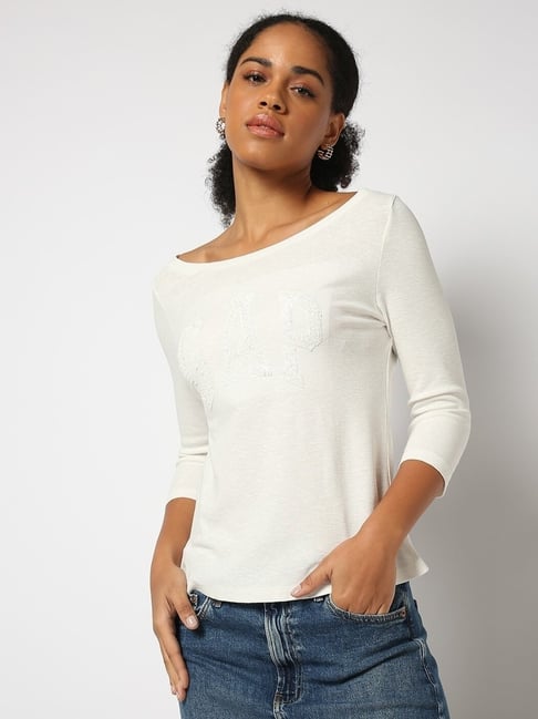 GAP Off White Embellished Three-Quarter Sleeves Top