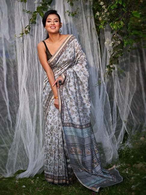 Unnati Silks Grey Printed Saree With Unstitched Blouse-picture-23