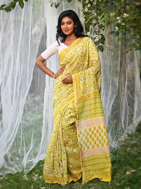 Unnati Silks Yellow Printed Saree With Unstitched Blouse-picture-35