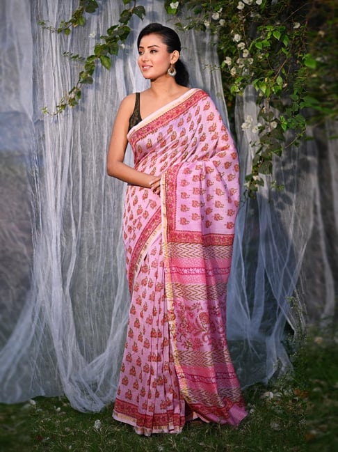Unnati Silks Pink Printed Saree With Unstitched Blouse-picture-32
