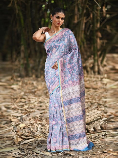 Unnati Silks Blue Printed Saree With Unstitched Blouse-picture-32