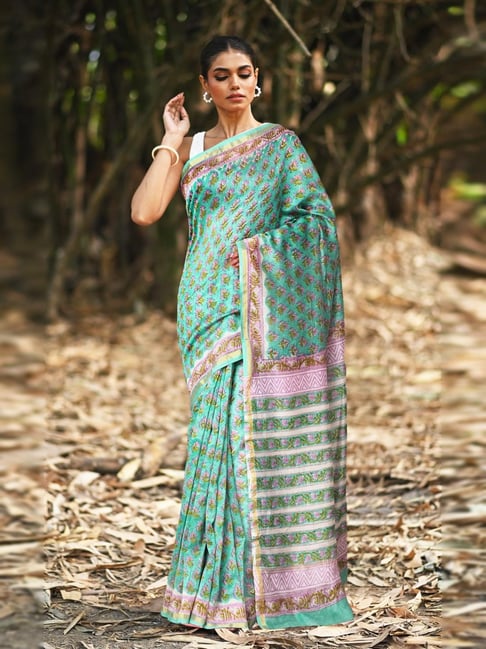 Unnati Silks Green Printed Saree With Unstitched Blouse-picture-31