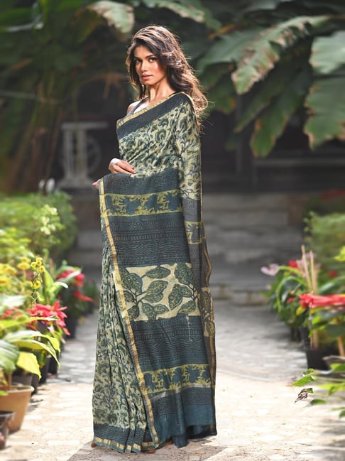 Unnati Silks Blue Printed Saree With Unstitched Blouse-picture-34