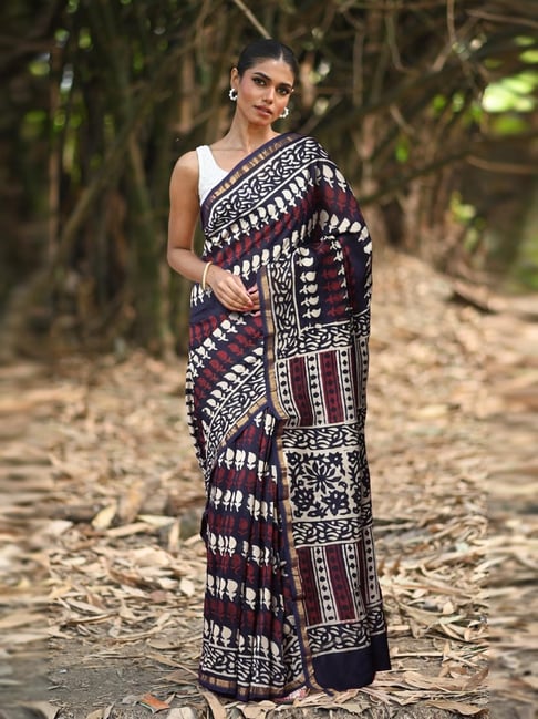 Unnati Silks Navy Blue Printed Saree With Unstitched Blouse-picture-33