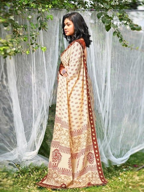 Unnati Silks Ivory Printed Saree With Unstitched Blouse-picture-18