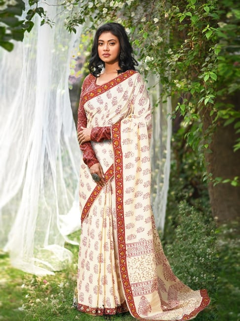 Unnati Silks Ivory Printed Saree With Unstitched Blouse-picture-10