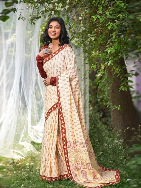 Unnati Silks Ivory Printed Saree With Unstitched Blouse-picture-12