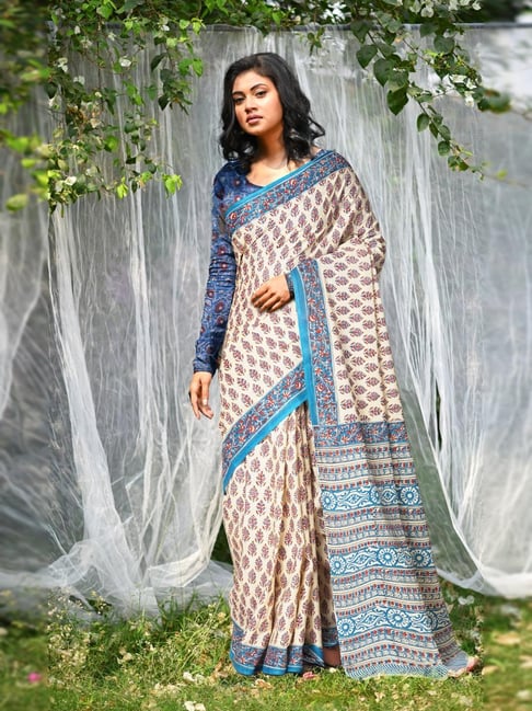 Unnati Silks Ivory Printed Saree With Unstitched Blouse-picture-14