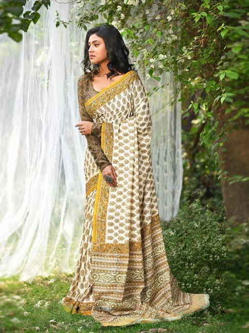 Unnati Silks Ivory Printed Saree With Unstitched Blouse-picture-16