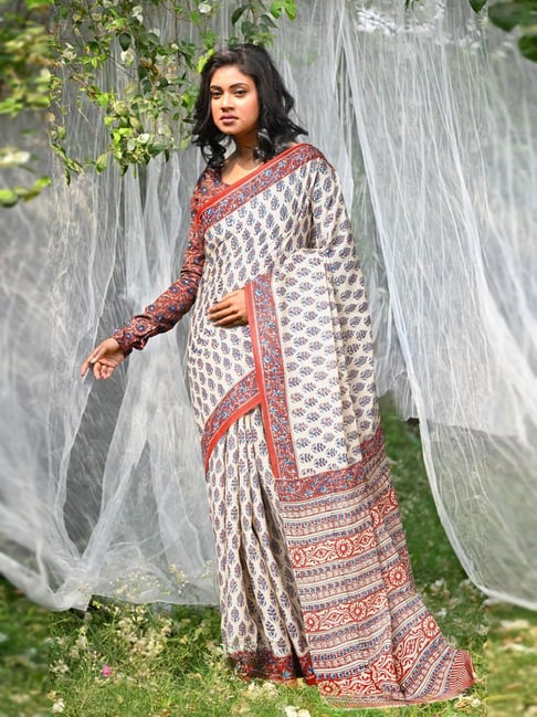 Unnati Silks Ivory Printed Saree With Unstitched Blouse-picture-13