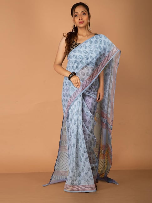 Unnati Silks Grey Printed Saree With Unstitched Blouse-picture-21