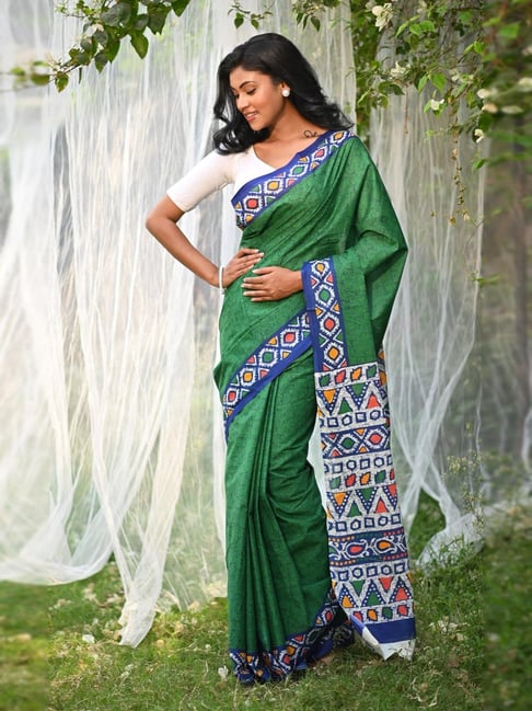 Unnati Silks Green Printed Saree With Unstitched Blouse-picture-28