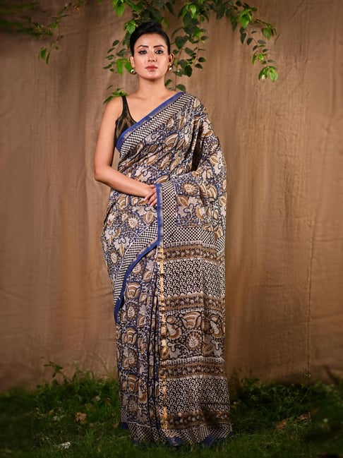 Unnati Silks Blue Printed Saree With Unstitched Blouse-picture-37