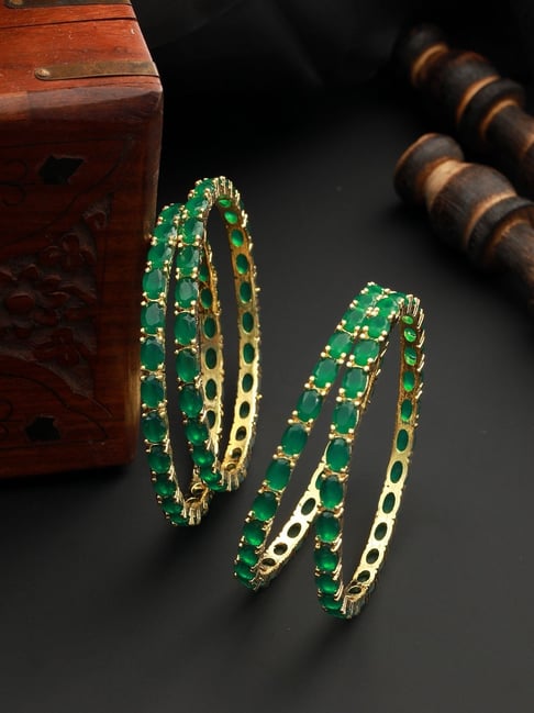 Saraf RS Jewellery Statement Gold Plated Green Emerald Stone Studded Bangles - Set of 4