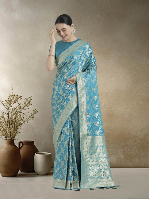 Monjolika Fashion Aqua Blue Banarasi Satin Silk Woven Design Saree-picture-38