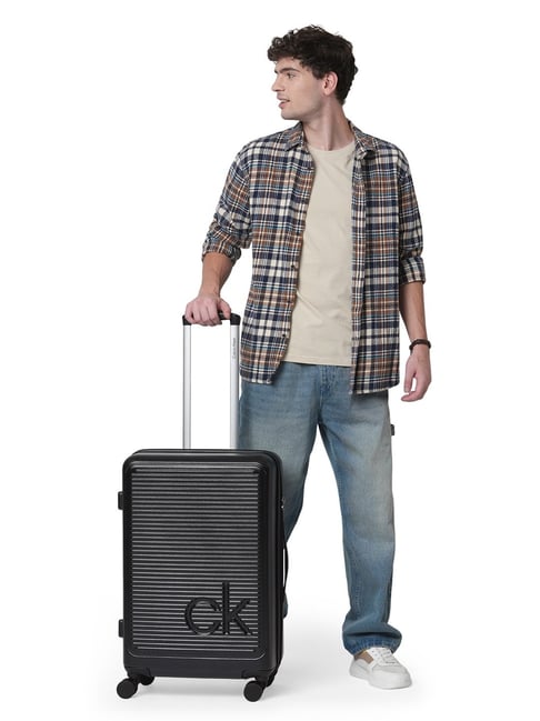 CALVIN KLEIN HORIZON Black Striped Medium Hard Sided Checked Luggage