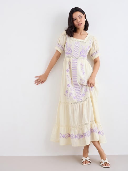 Styli Beige Cotton Embroidered A-Line Dress
