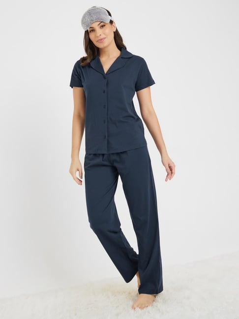 Styli Navy Blue Cotton Solid Pyjama Set