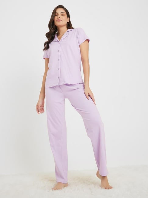 Styli Lilac Cotton Solid Pyjama Set-picture-33
