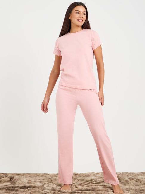 Styli Pink Cotton Blend Solid Pyjama Set-picture-51