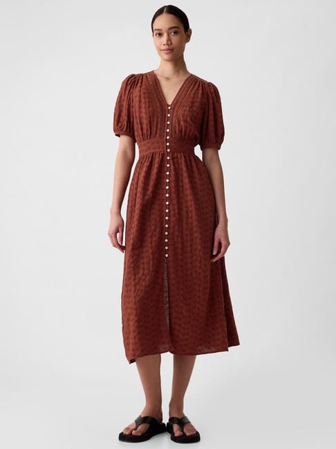 GAP Brown Cotton Embroidered Short Sleeves Dress