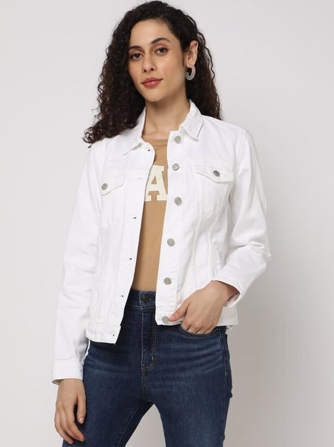 GAP White Cotton Solid Long Sleeves Jacket