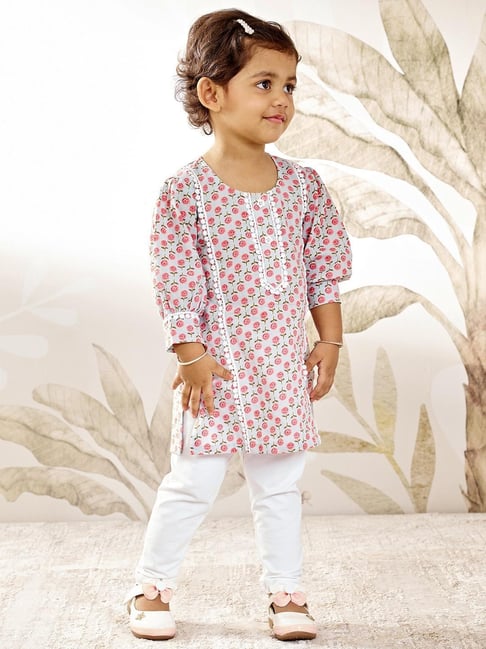 Vastramay Girls Aqua Cotton Regular Fit Floral Print Suit Set