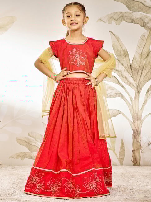 Vastramay Girls Red Regular Fit Embroidered Lehenga Choli