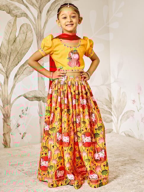 Vastramay Girls Mustard Regular Fit Printed Lehenga Choli