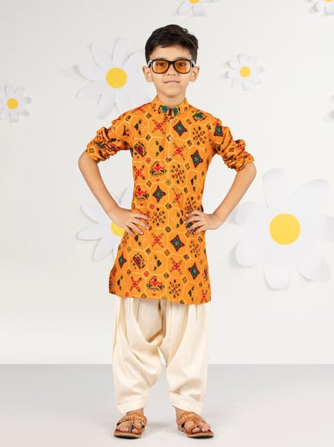 Vastramay Boys Mustard Regular Fit Printed Kurta Set