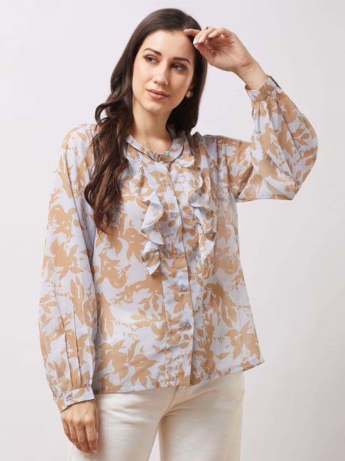 Globus Women Yellow Abstract Print Mandarin Collar Bishop Sleeves Ruffle Detail Georgette Top-picture-18