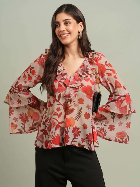 Globus Women Red V-Neck Bell Sleeves Floral Print Ruffle Detail Georgette Peplum Top-picture-16