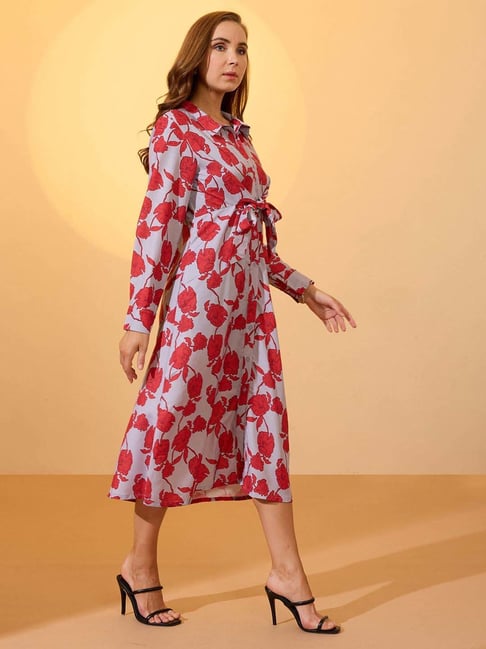 Globus Women Red Floral Printed Collared Neck Cuffed Sleeves Waist Tie-Ups  Midi Shirt style Dress - Main Image