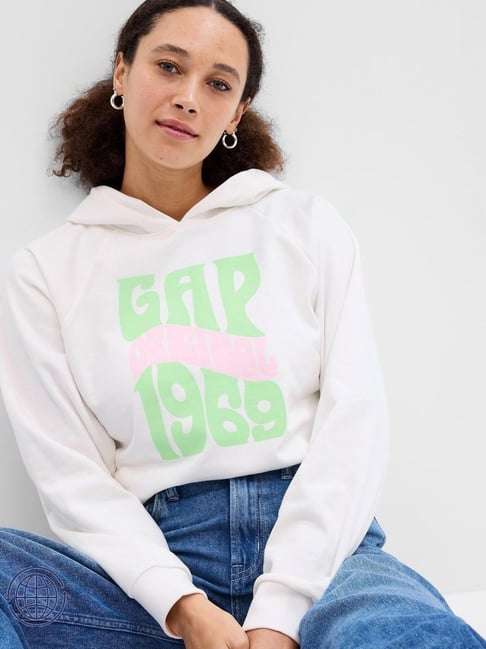 GAP White Blended Graphic Long Sleeves Hoodie